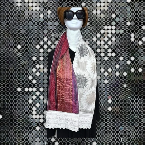 Artisan Reversible Handmade Scarf Lace Trim Sunflower + Red Gold Boho Wrap